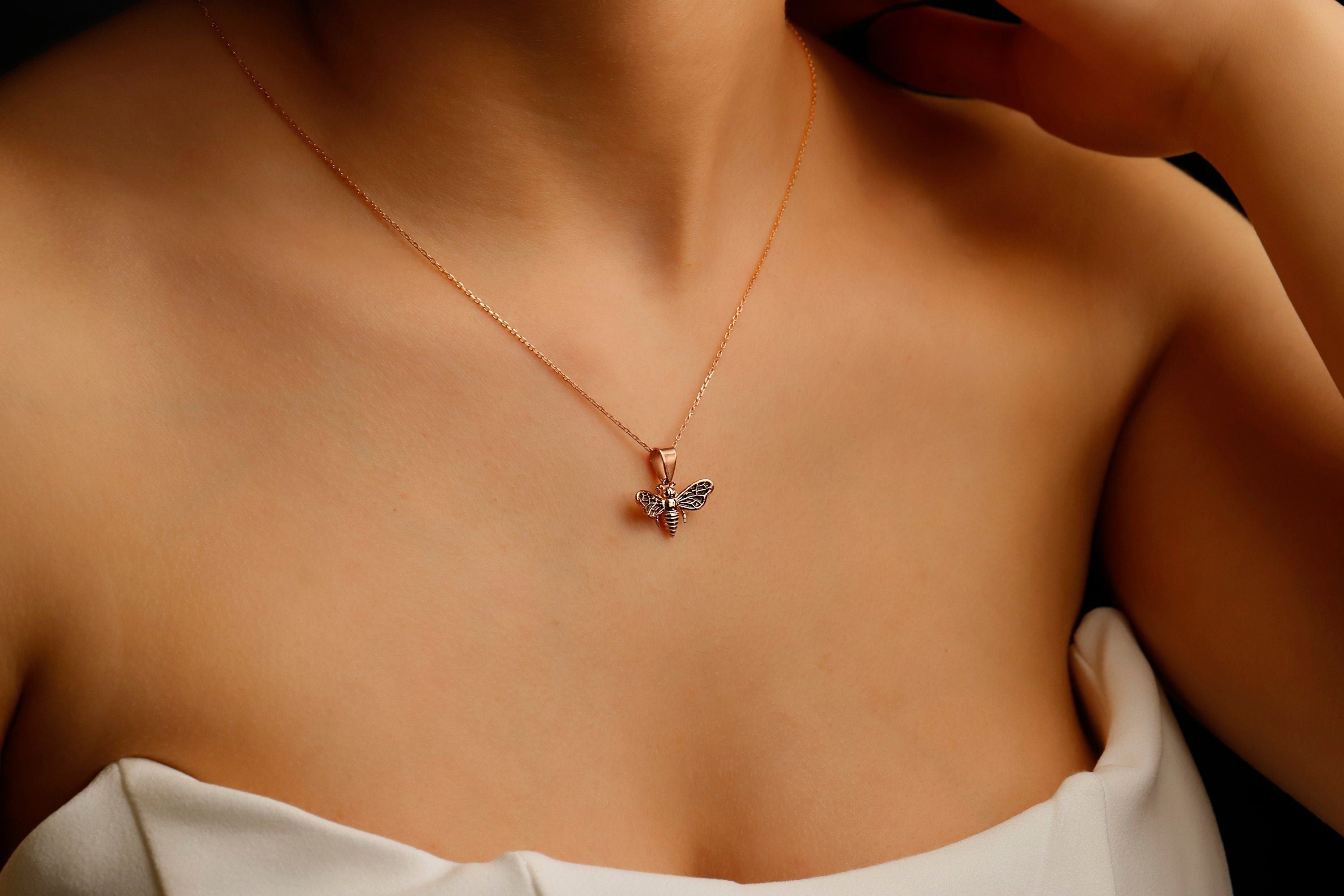 14K Gold Bee Necklace, 925 Sterling Silver Bee Pendant
