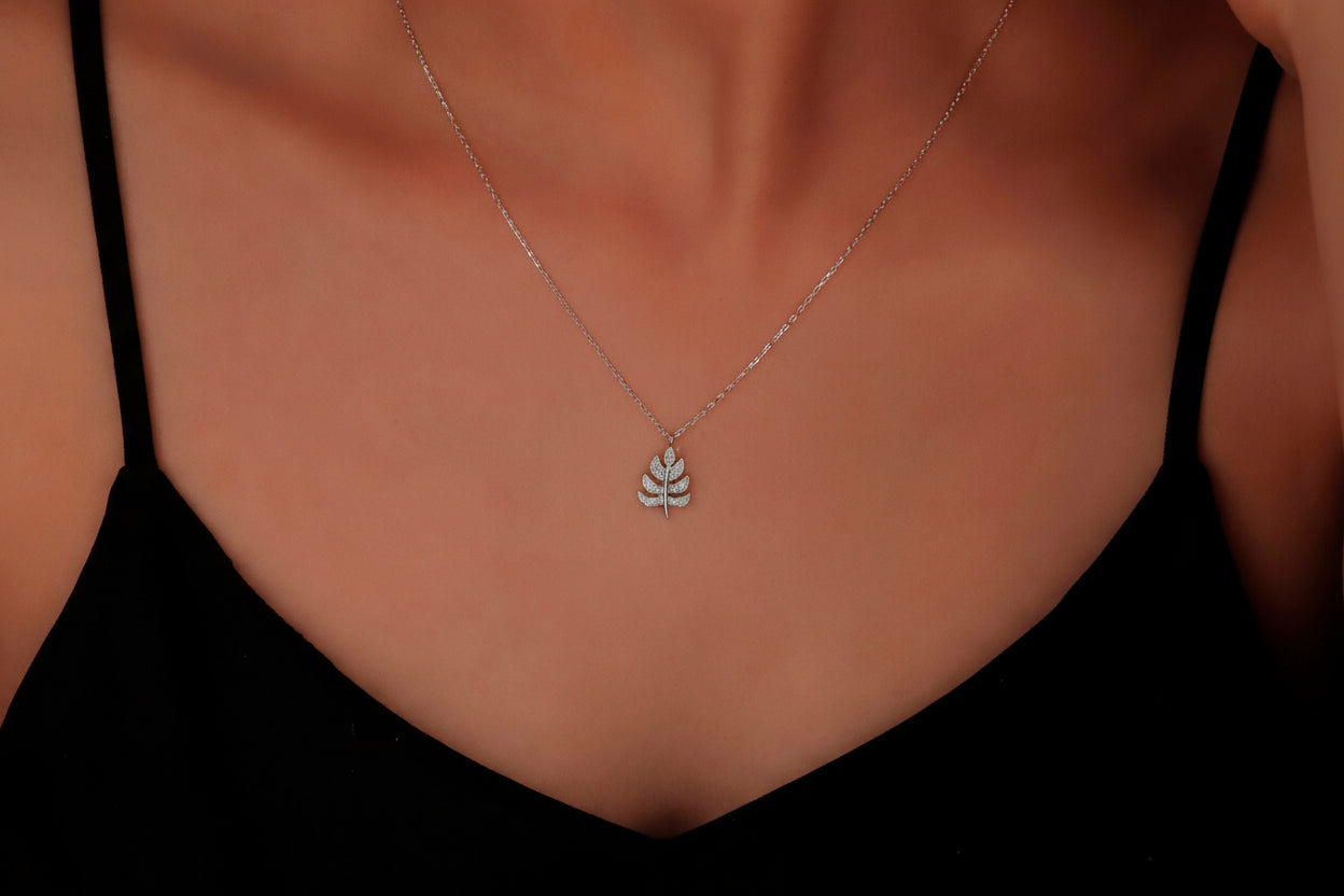 Monstera Leaf Necklace, Diamond Pendant In Sterling Silver