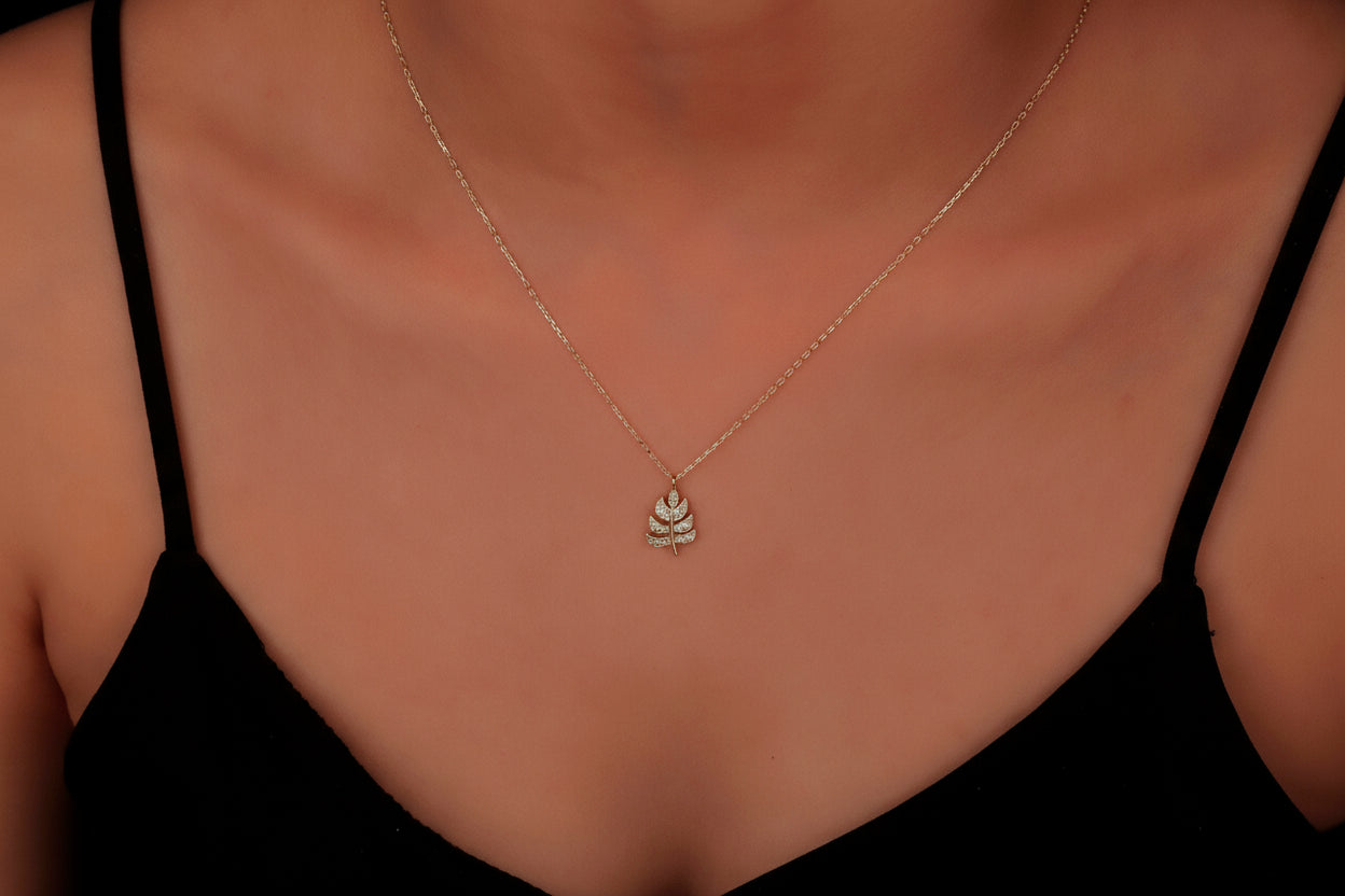 Monstera Leaf Necklace, Diamond Pendant In Sterling Silver