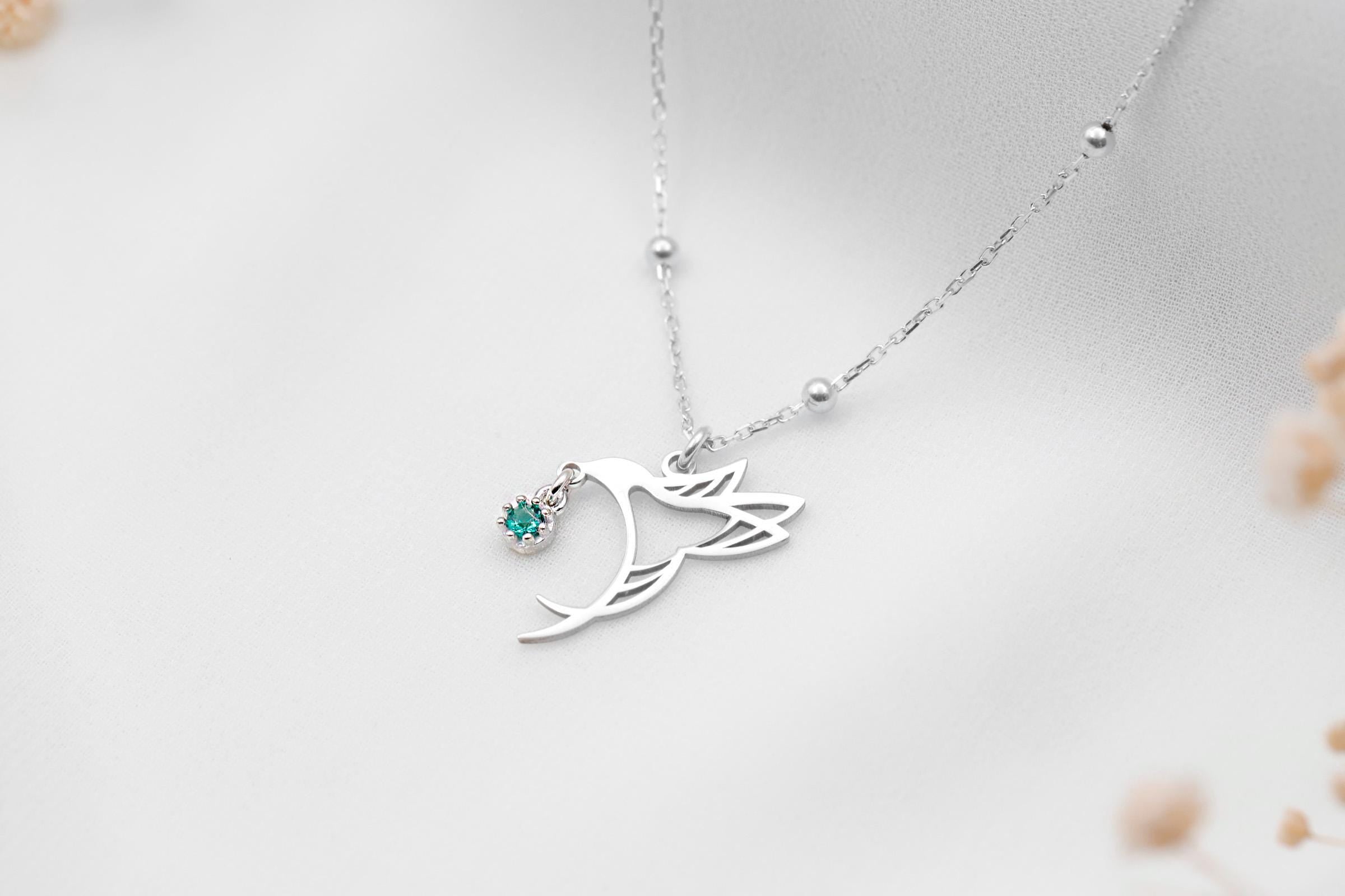 Hummingbird Birthstone Necklace, 925 Sterling Silver Bird Pendant