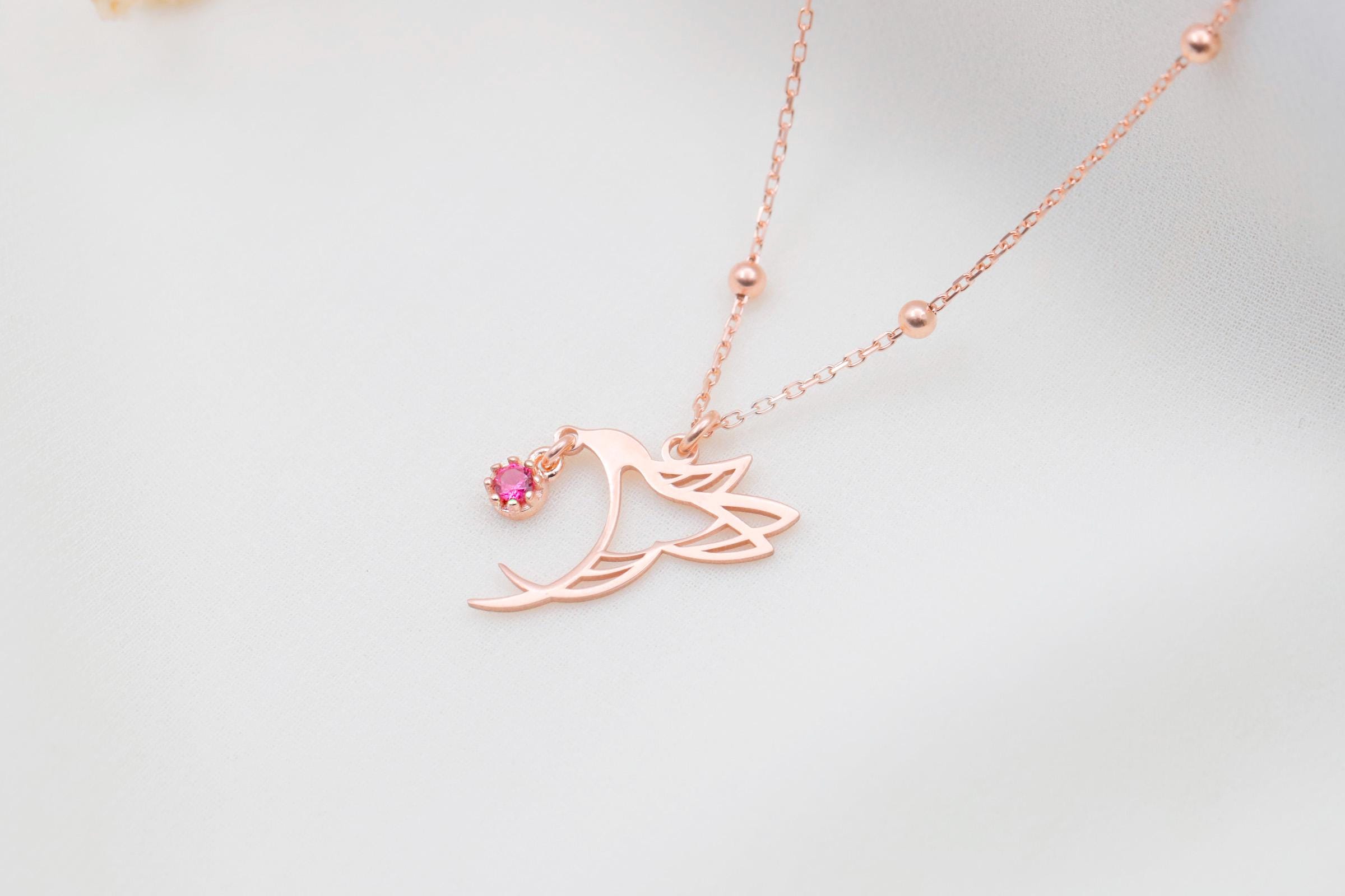 Hummingbird Birthstone Necklace, 925 Sterling Silver Bird Pendant