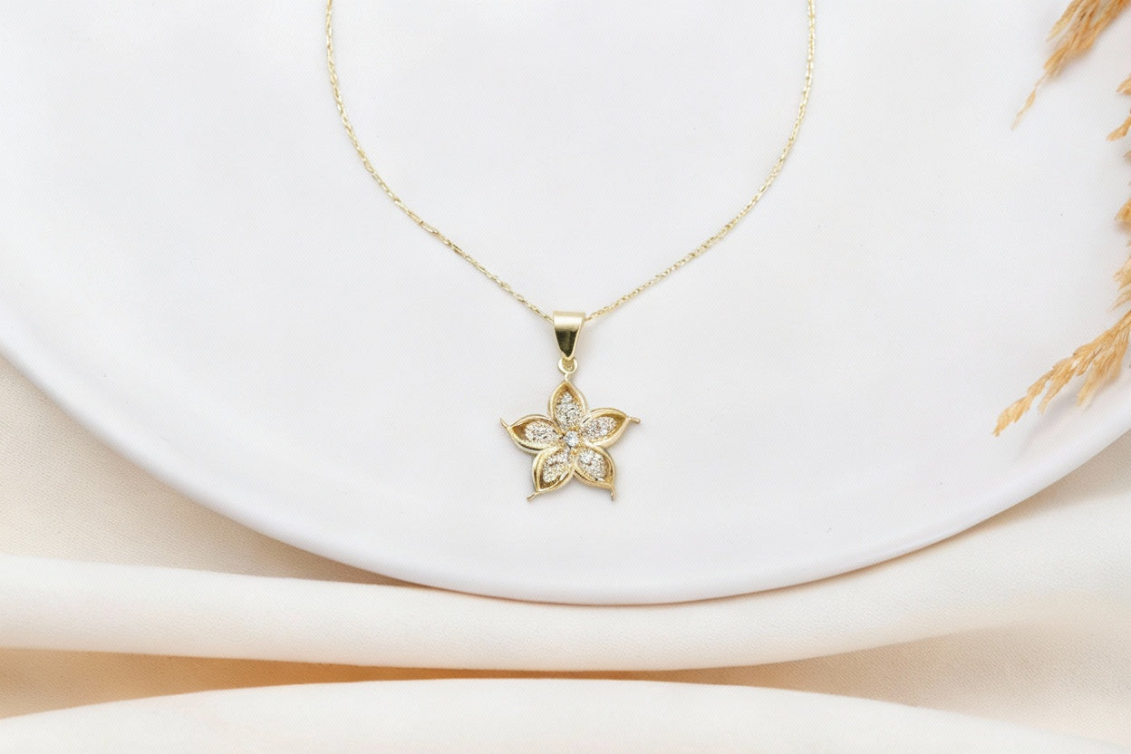 3D Lily Flower Necklace, 14K Gold Filled Pendant With CZ Stone