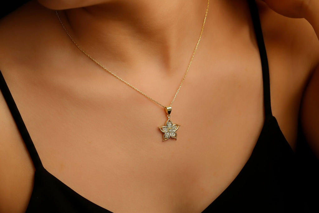 3D Lily Flower Necklace, 14K Gold Filled Pendant With CZ Stone