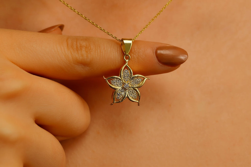 3D Lily Flower Necklace, 14K Gold Filled Pendant With CZ Stone