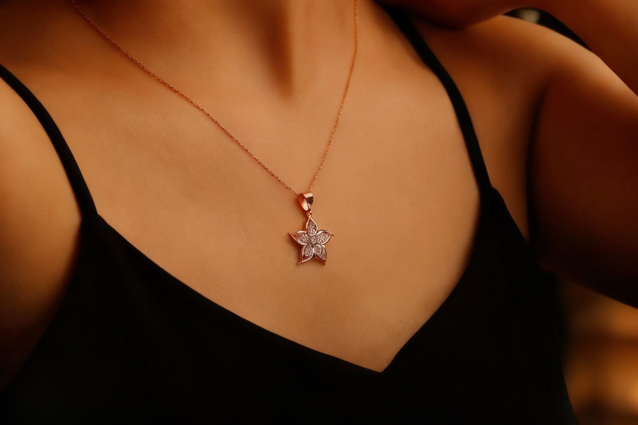 3D Lily Flower Necklace, 14K Gold Filled Pendant With CZ Stone