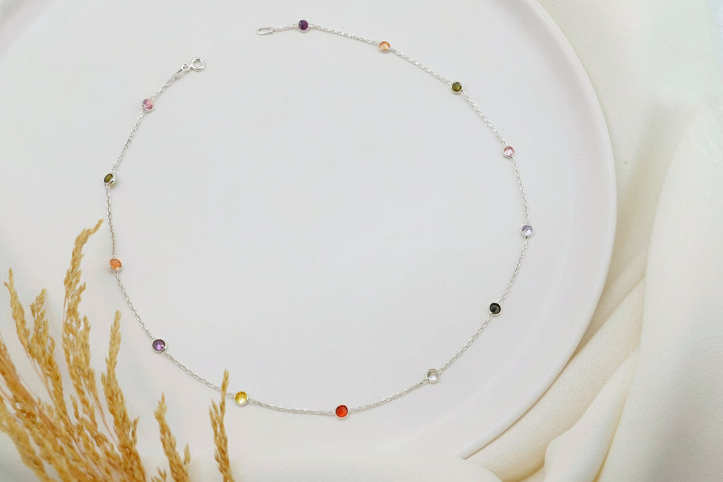 Rainbow Gemstone Necklace, 925 Sterling Silver Dainty Necklace