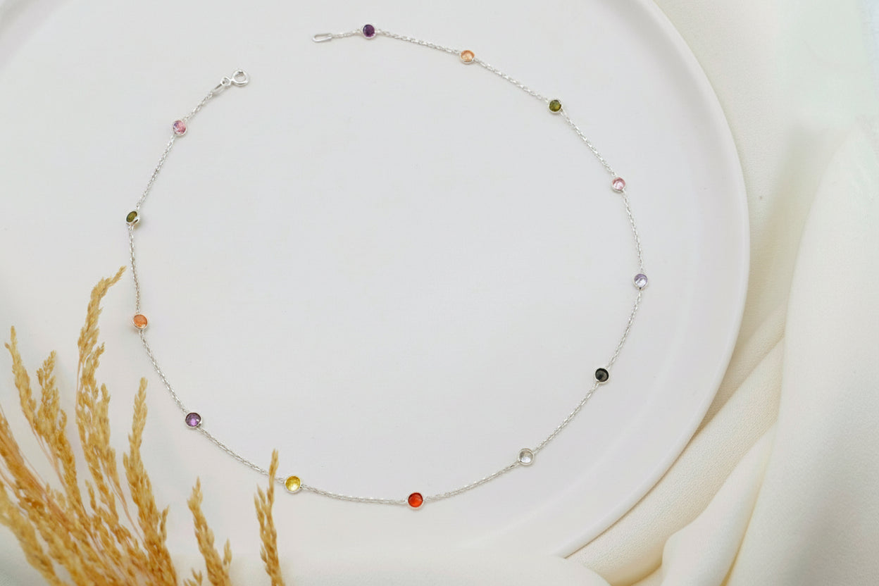Rainbow Gemstone Necklace, 925 Sterling Silver Dainty Necklace