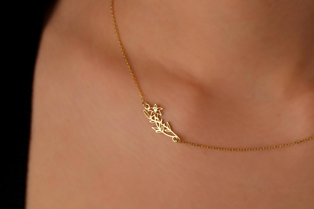 Birth Flower Necklace, Sideways Personalized 925 Sterling Silver
