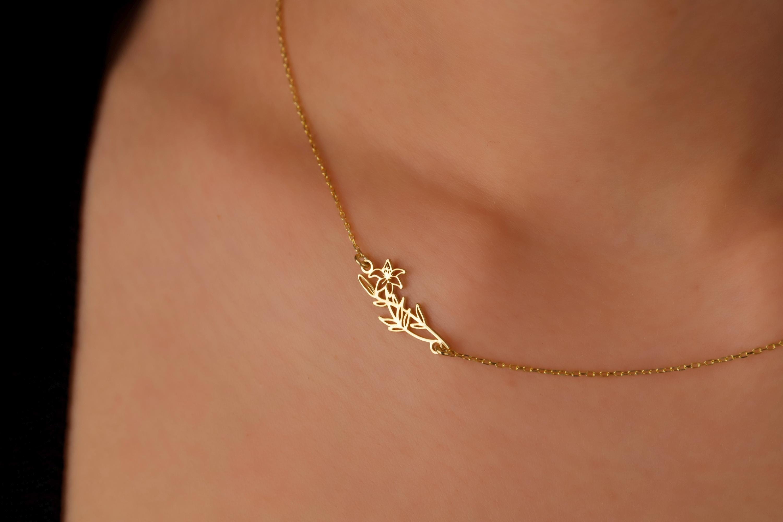 Birth Flower Necklace, Sideways Personalized 925 Sterling Silver