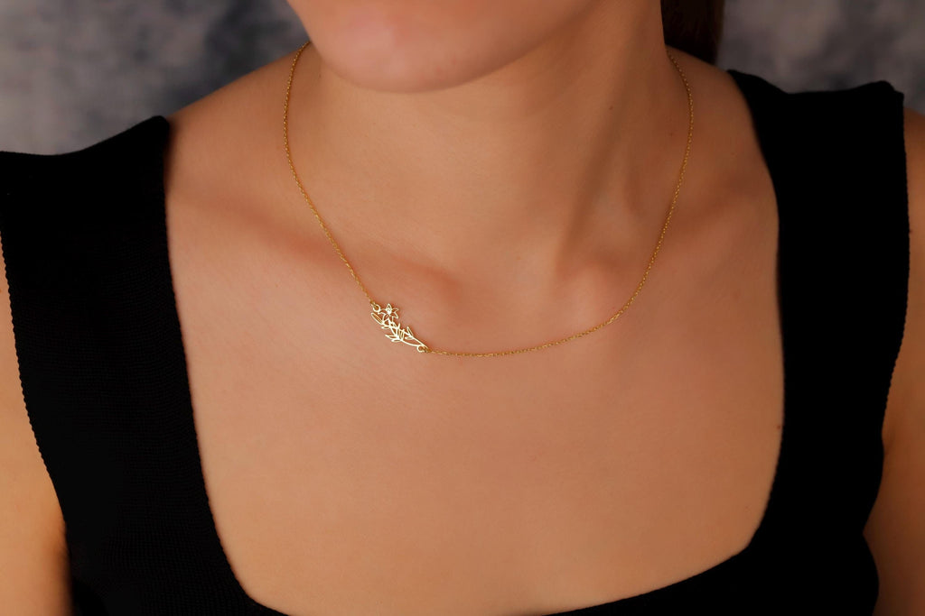 Birth Flower Necklace, Sideways Personalized 925 Sterling Silver