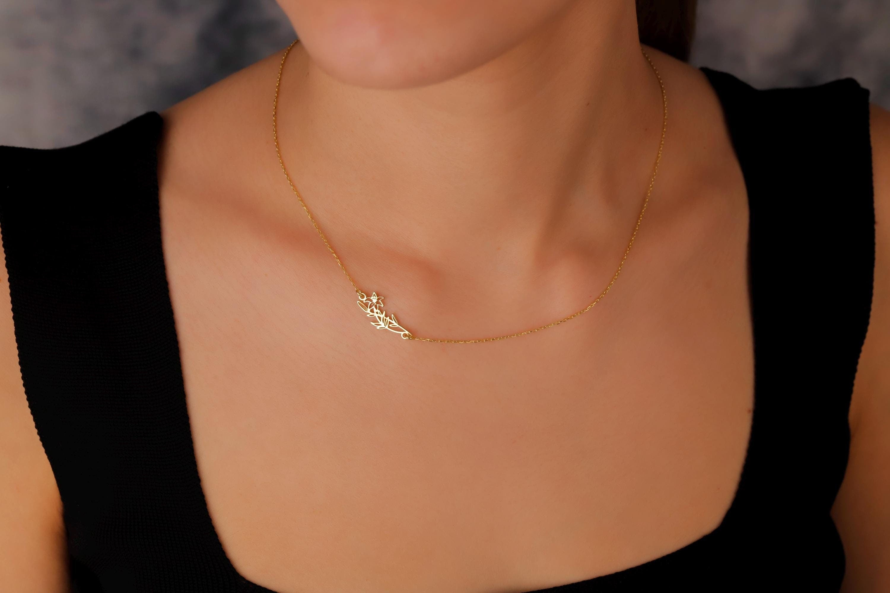 Birth Flower Necklace, Sideways Personalized 925 Sterling Silver