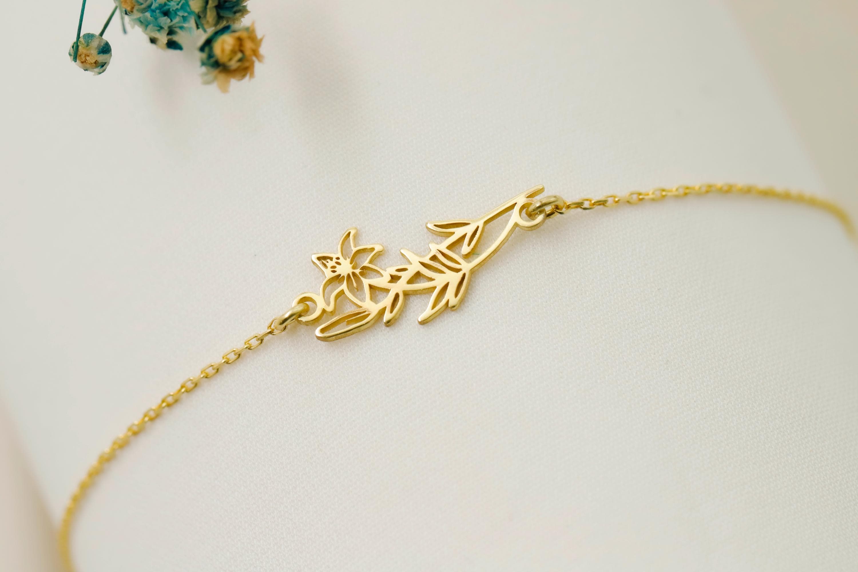 Birth Flower Necklace, Sideways Personalized 925 Sterling Silver