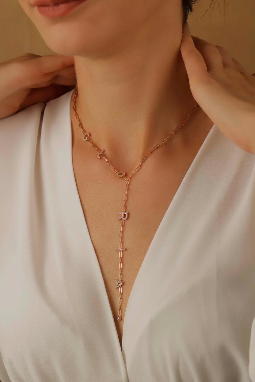 Personalized Lariat Necklace, Birthstone CZ Letter Y Pendant