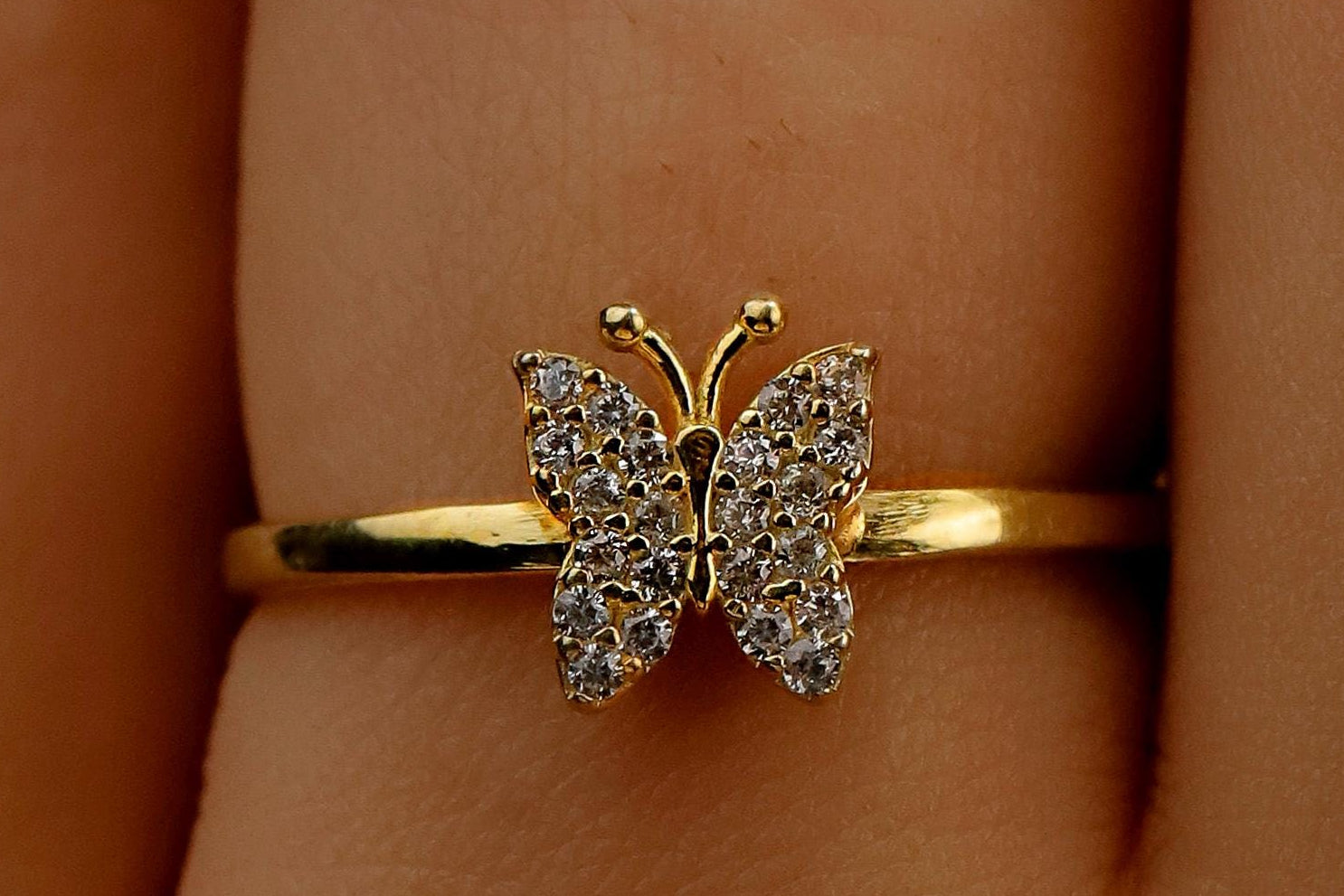 Gold Butterfly Ring, Sterling Silver Crystal Stacking Ring