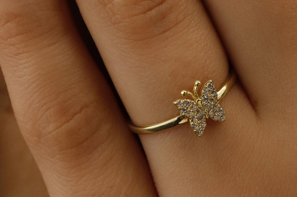 Gold Butterfly Ring, Sterling Silver Crystal Stacking Ring