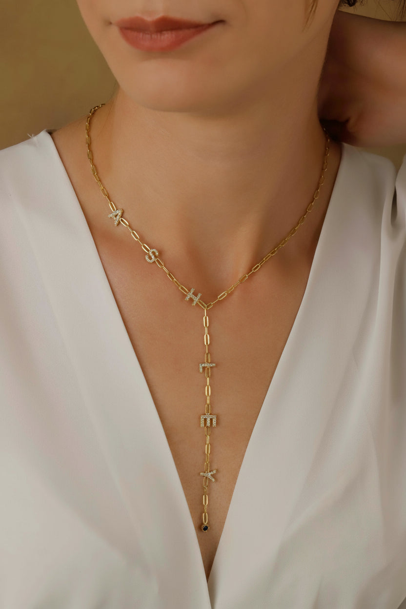 Personalized Lariat Necklace, Birthstone CZ Letter Y Pendant