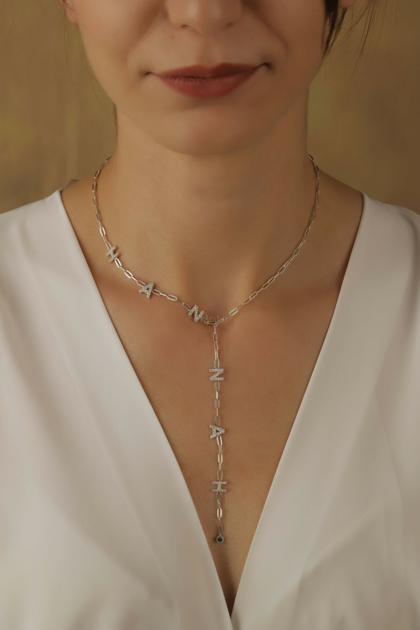 Personalized Lariat Necklace, Birthstone CZ Letter Y Pendant