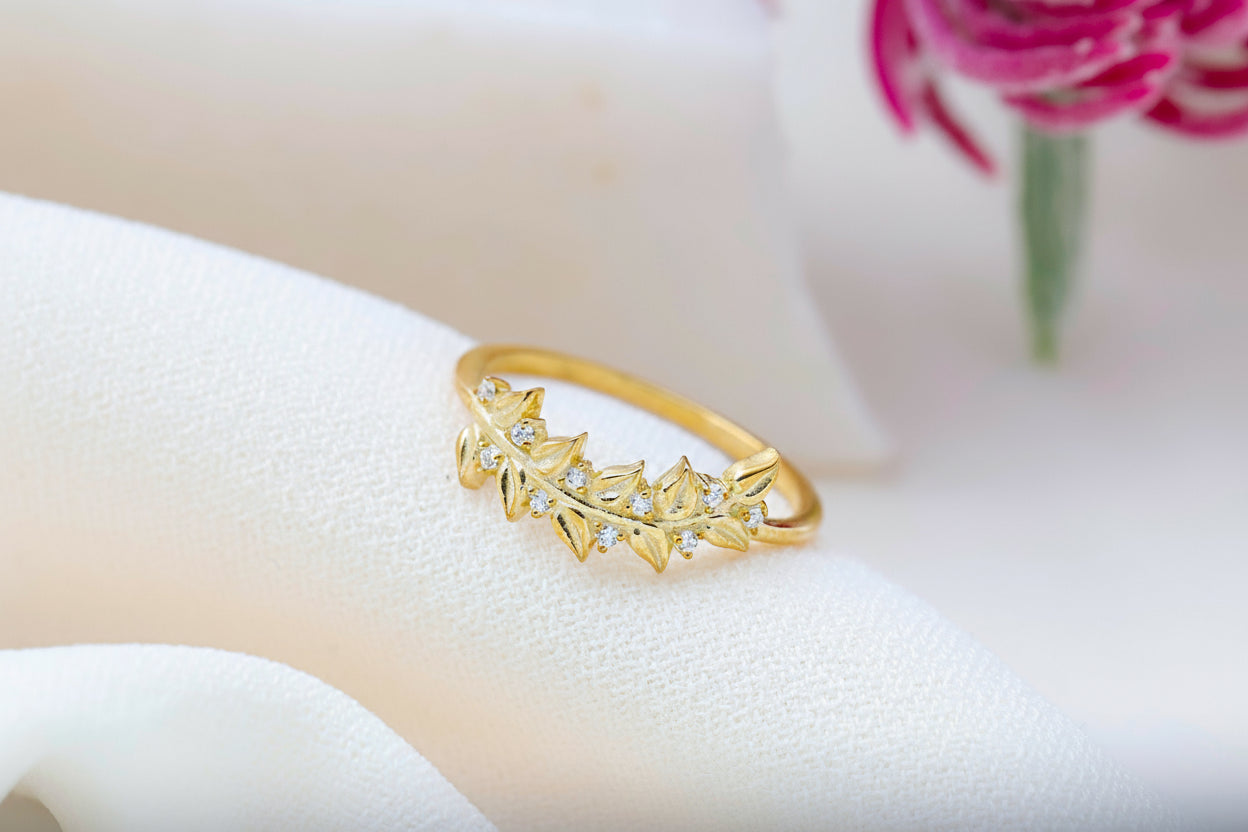 Olive Leaf Ring, 925 Sterling Silver Pave CZ Open Band Ring