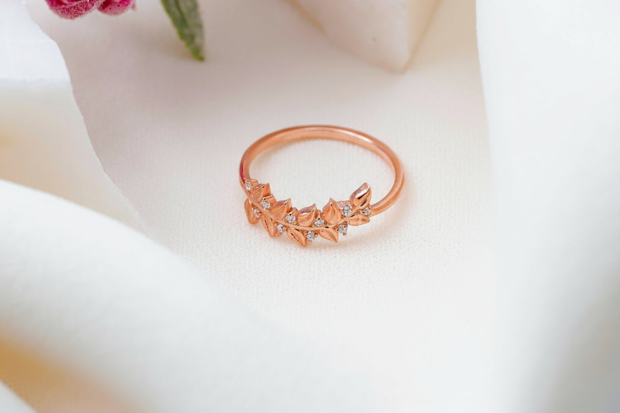 Olive Leaf Ring, 925 Sterling Silver Pave CZ Open Band Ring