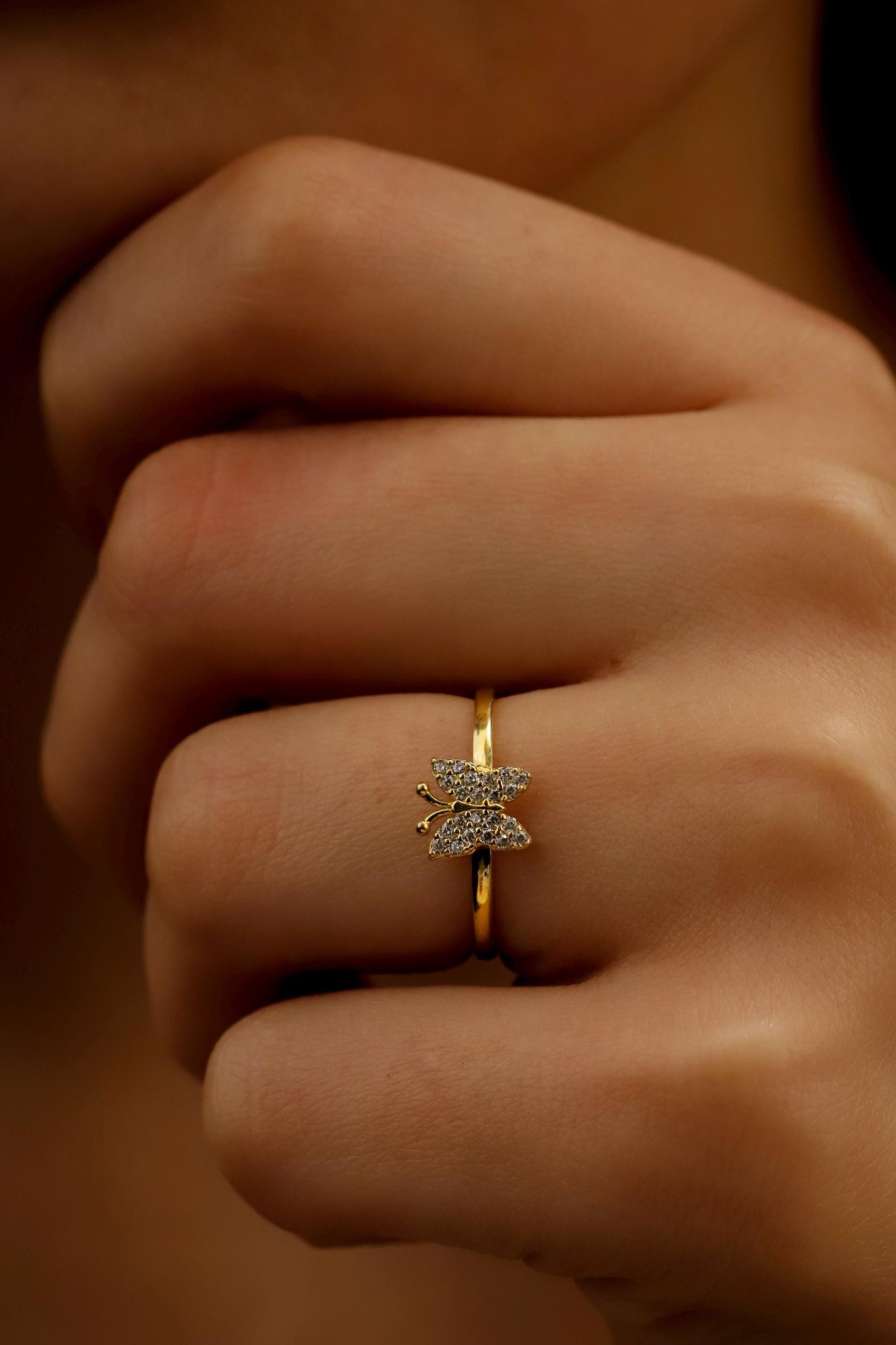 Gold Butterfly Ring, Sterling Silver Crystal Stacking Ring