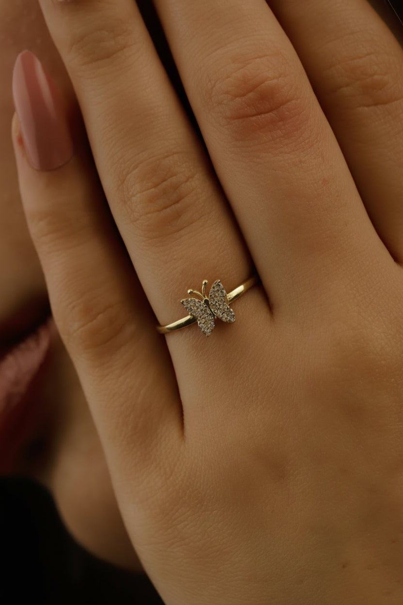 Gold Butterfly Ring, Sterling Silver Crystal Stacking Ring