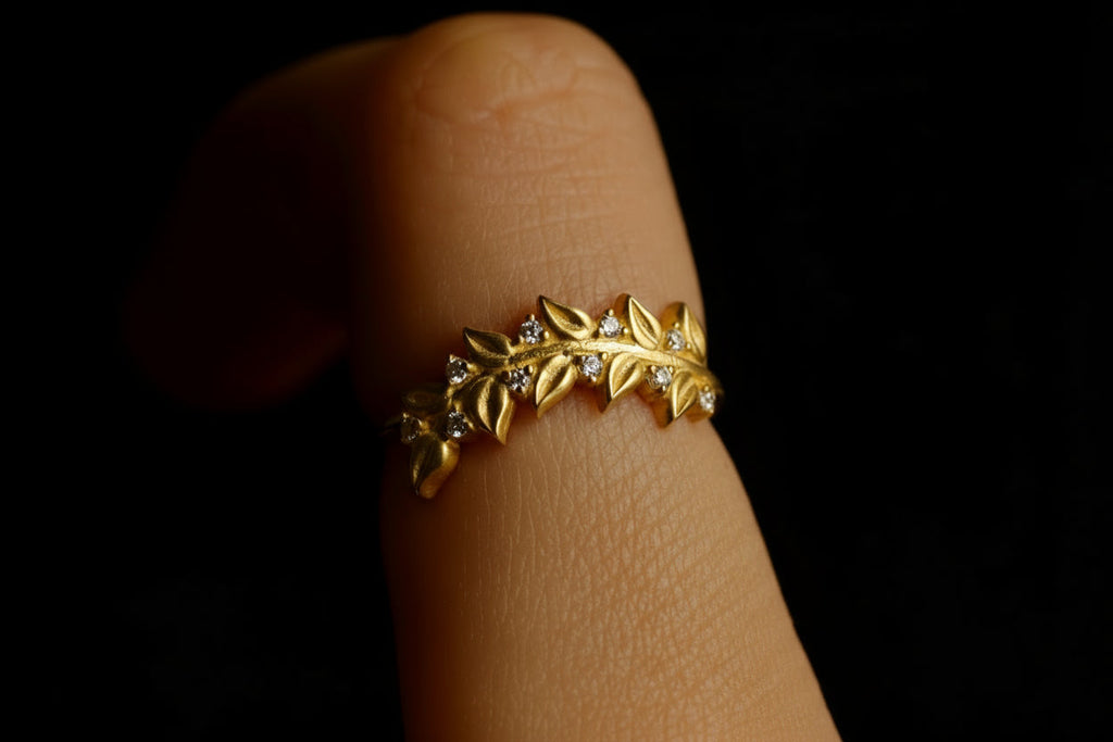 Olive Leaf Ring, 925 Sterling Silver Pave CZ Open Band Ring