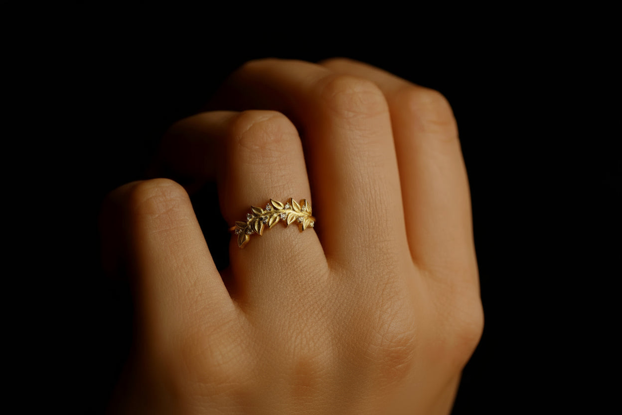 Olive Leaf Ring, 925 Sterling Silver Pave CZ Open Band Ring