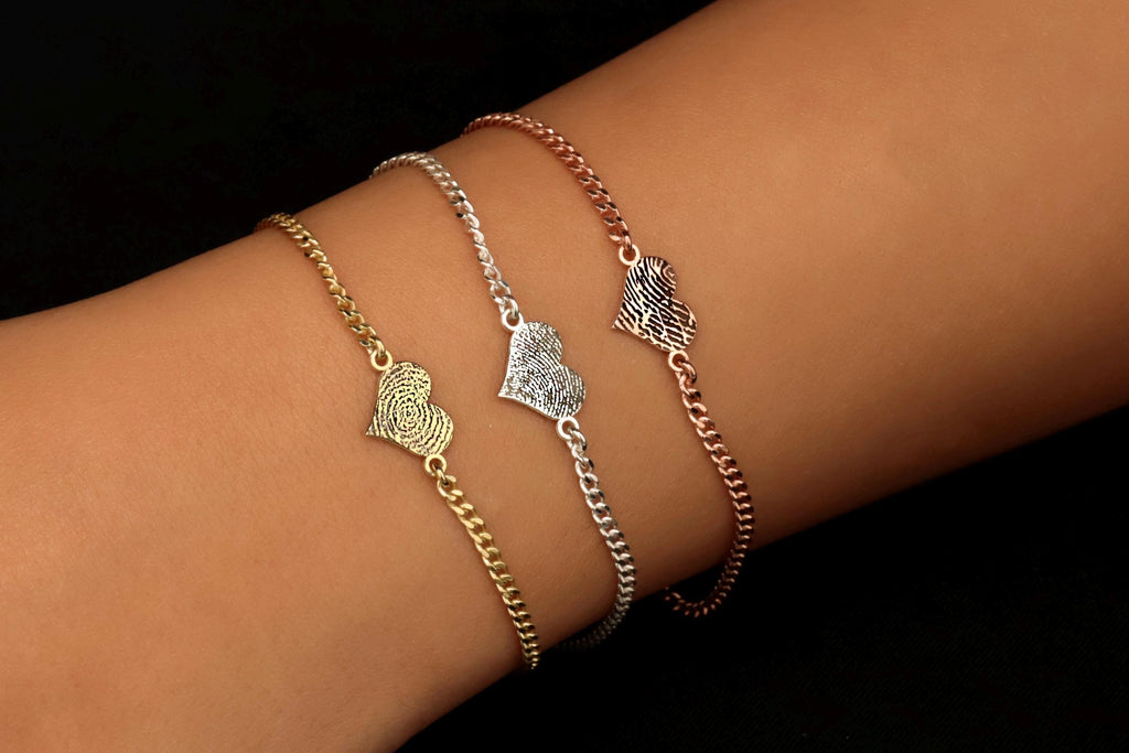 Fingerprint Heart Bracelet, Sterling Silver Engraved Bracelet