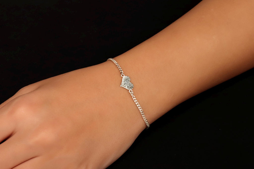 Fingerprint Heart Bracelet, Sterling Silver Engraved Bracelet