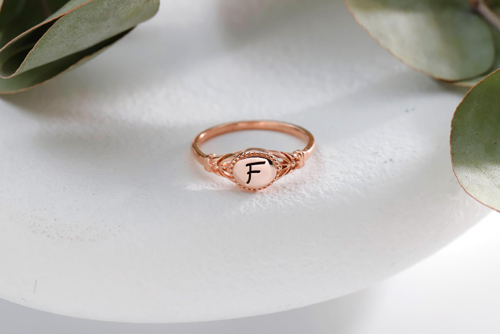Rose Gold Initial Ring, Sterling Silver Personalized Ring