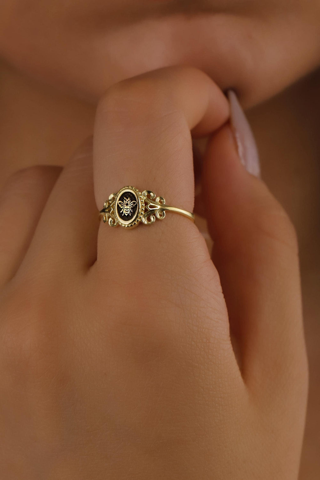 Honey Bee Ring, 925 Sterling Silver Signet Pinky Ring