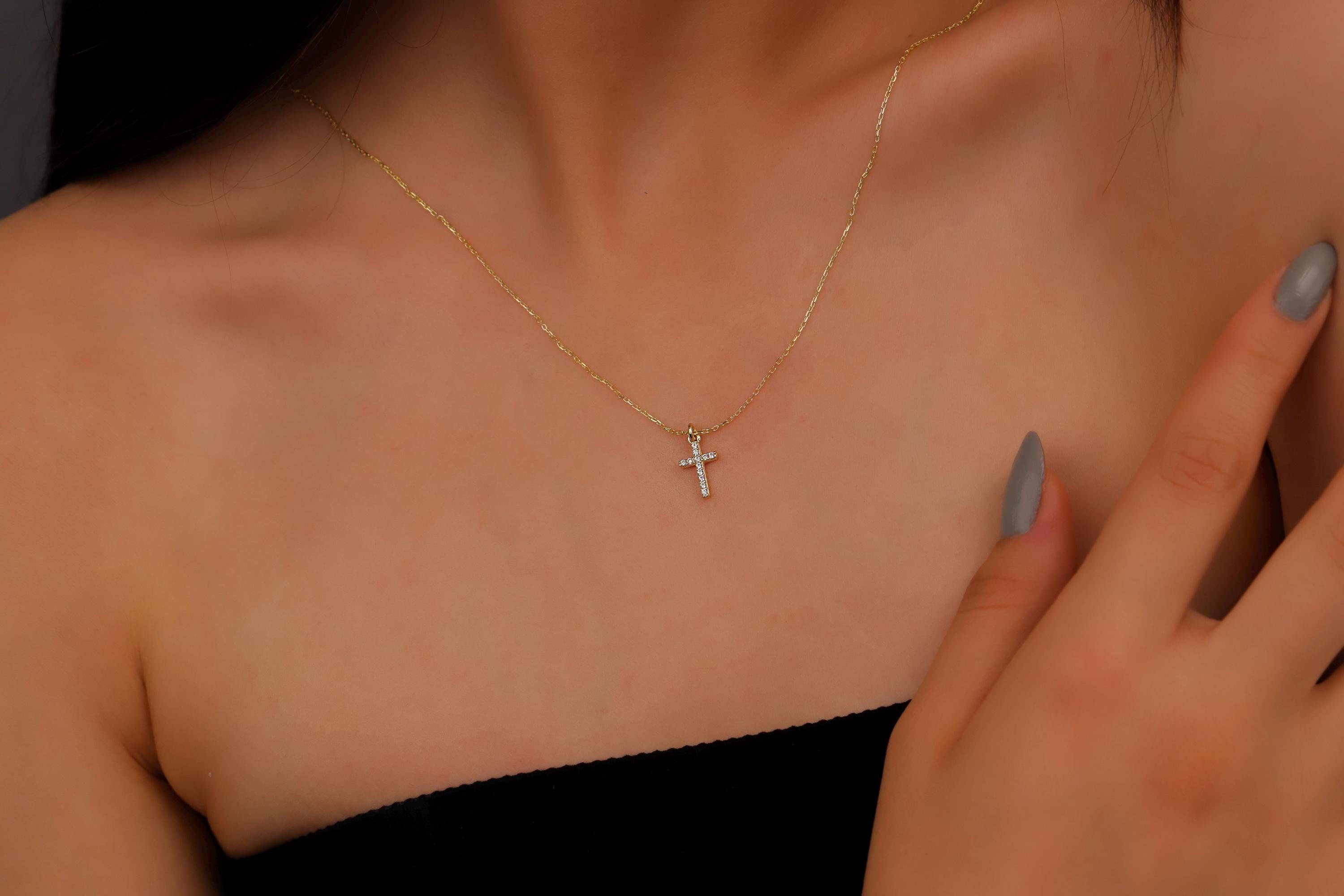 Dainty Cross Necklace, Sterling Silver Tiny Cross Pendant
