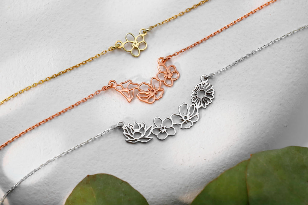 Birth Month Flower Necklace, 925 Sterling Silver Family Jewelry