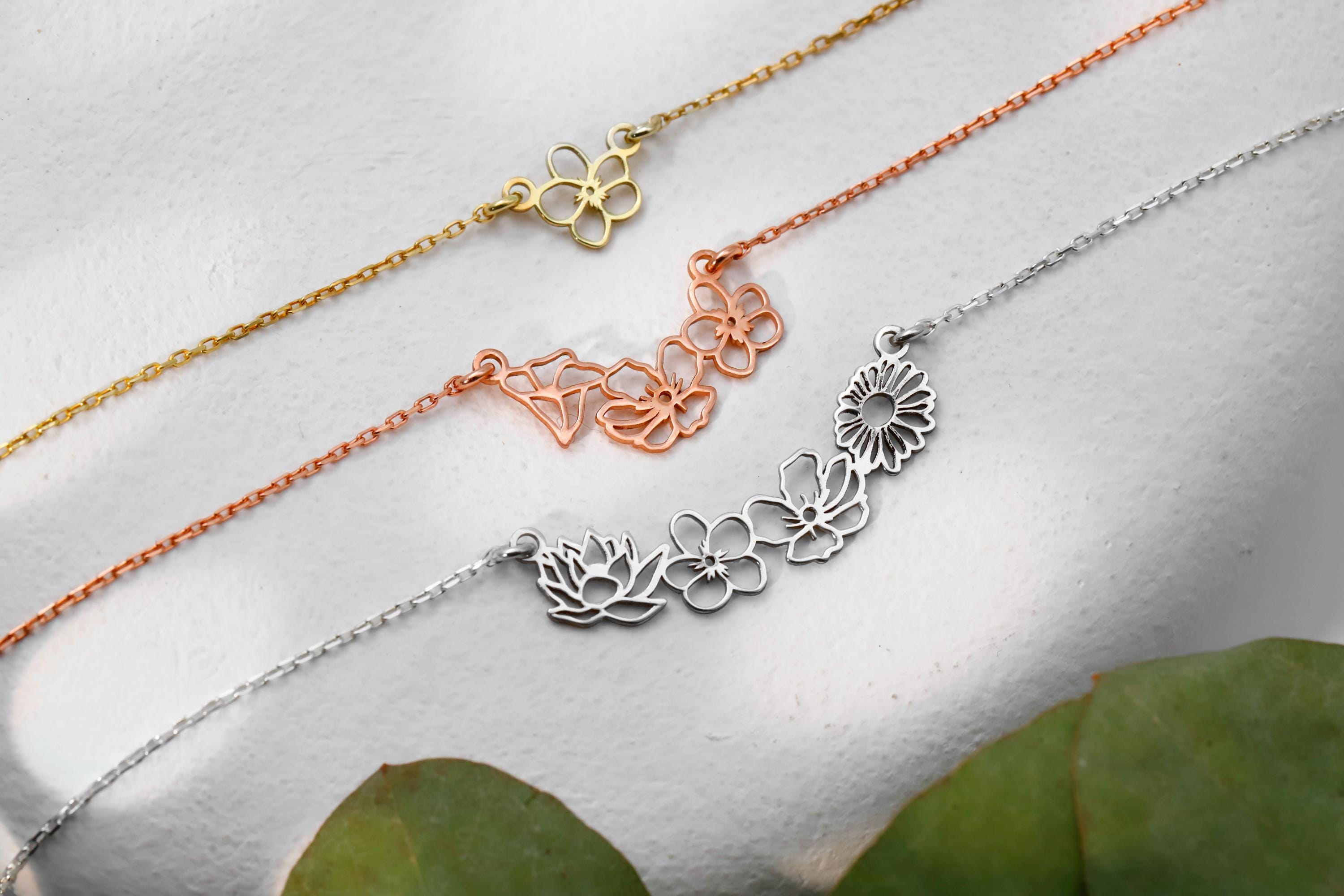 Birth Month Flower Necklace, 925 Sterling Silver Family Jewelry