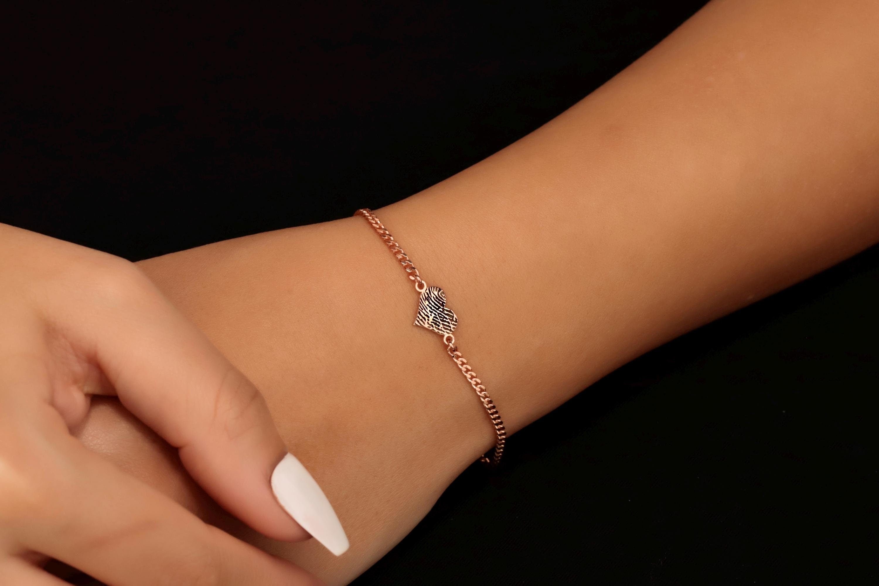 Fingerprint Heart Bracelet, Sterling Silver Engraved Bracelet