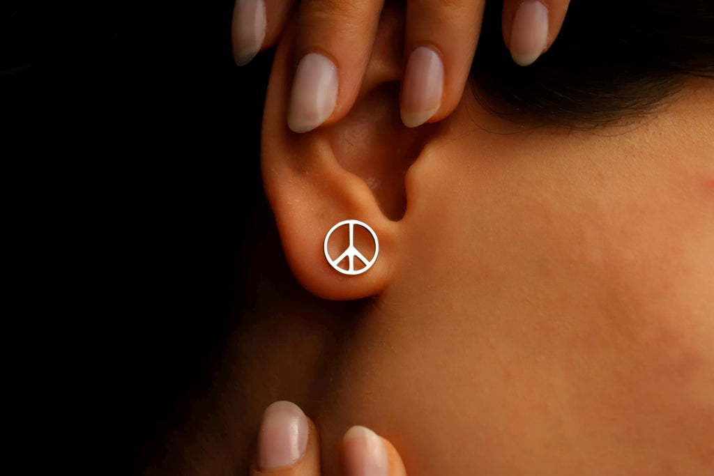 Peace Sign Stud Earrings, 925 Sterling Silver