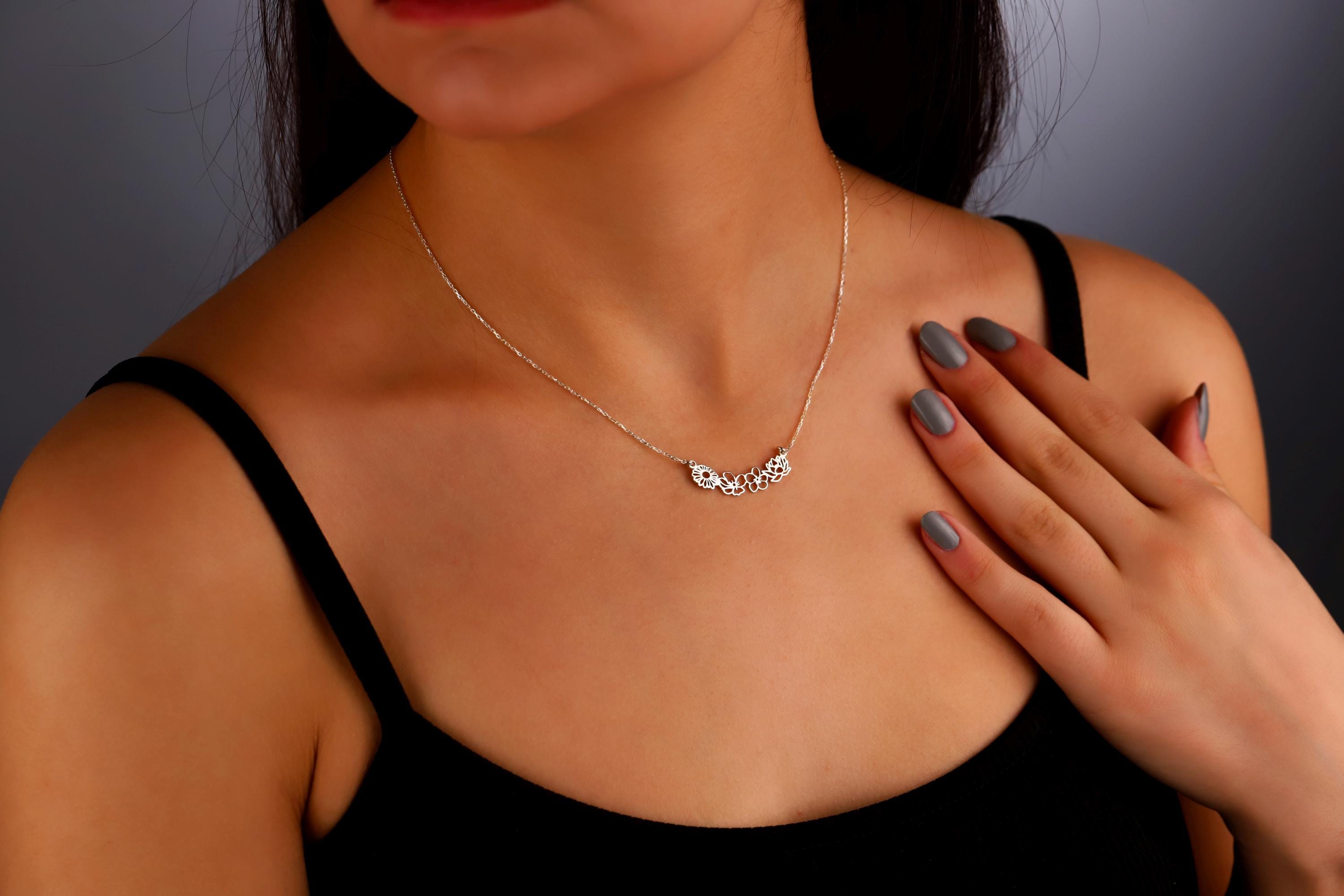 Birth Month Flower Necklace, 925 Sterling Silver Family Jewelry