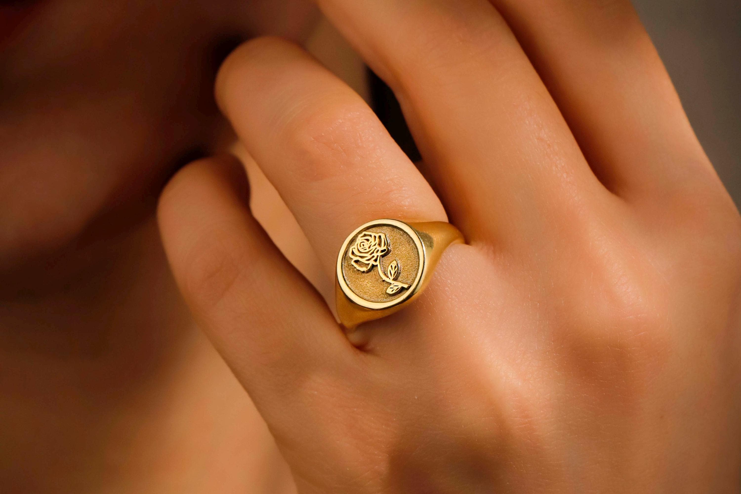Birth Flower Signet Ring, 14K Gold Vermeil Floral Engraved Ring
