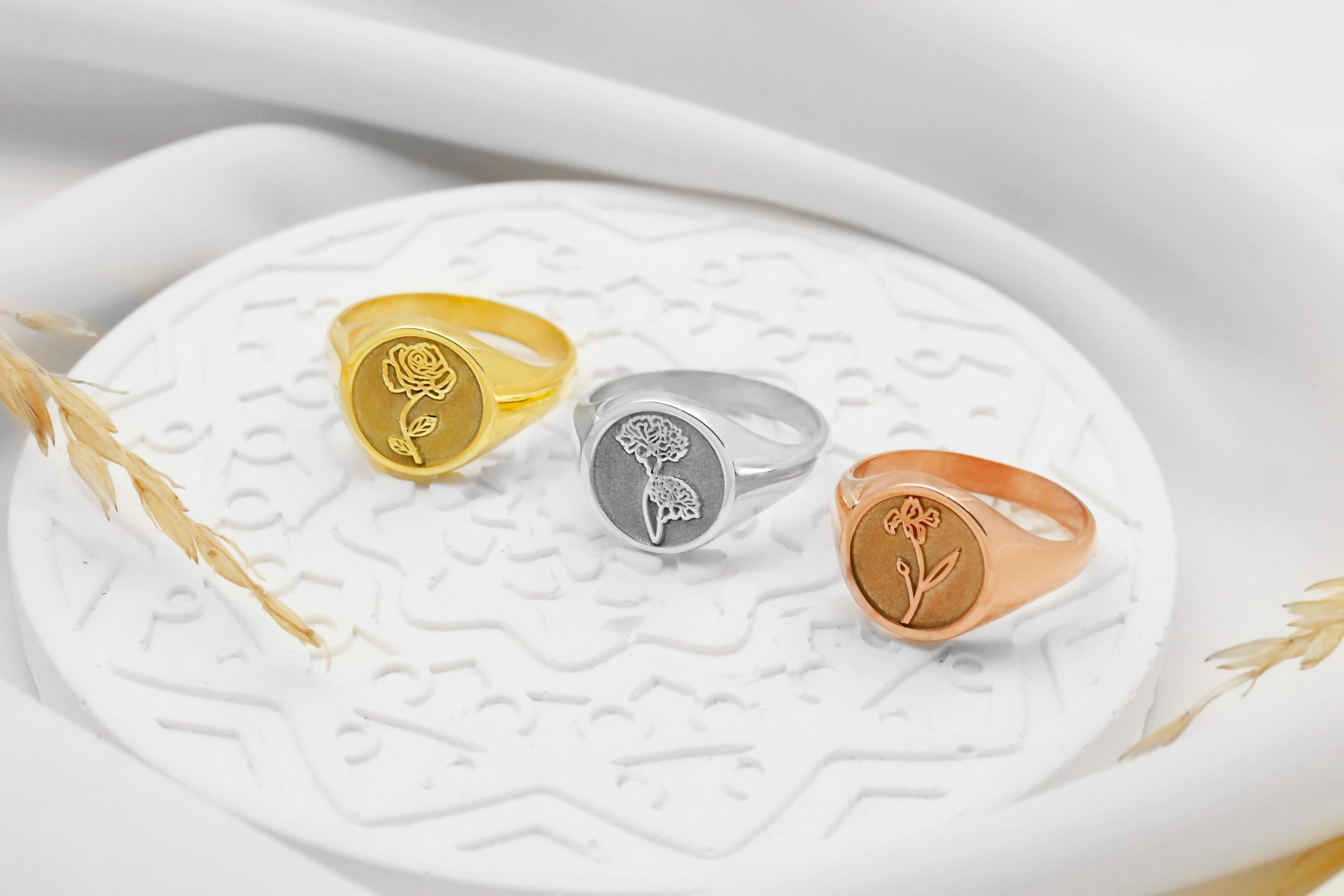 Birth Flower Signet Ring, 14K Gold Vermeil Floral Engraved Ring