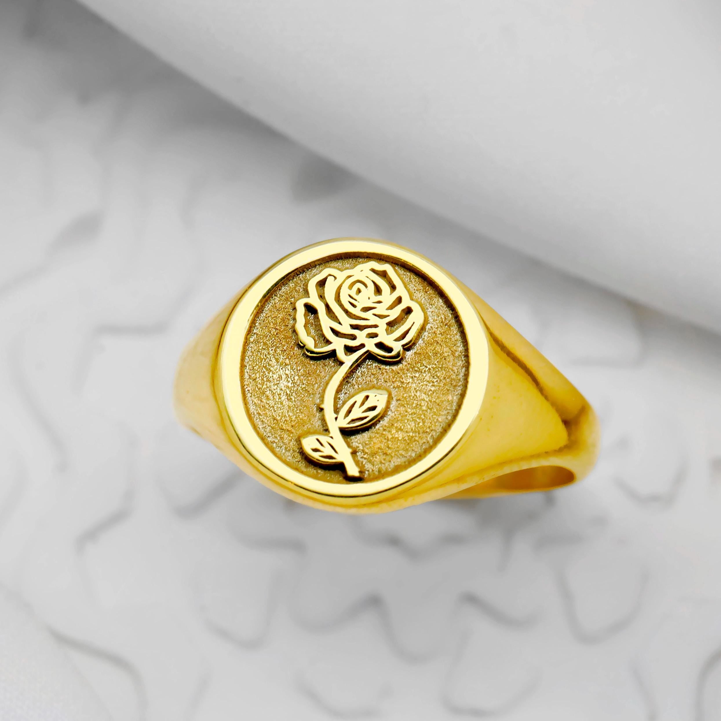 Birth Flower Signet Ring, 14K Gold Vermeil Floral Engraved Ring