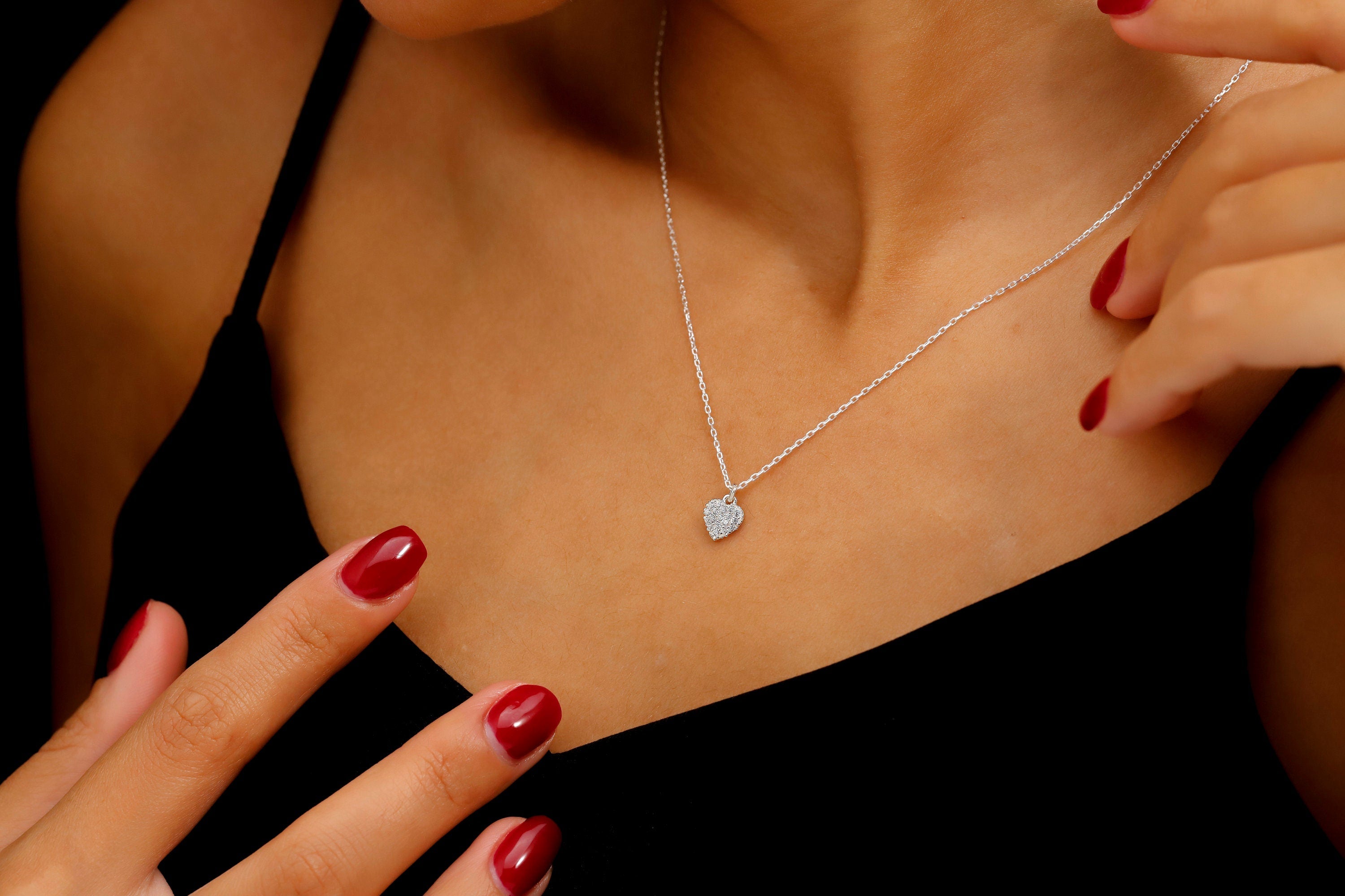 14k Gold Heart Necklace, Pave Diamond Heart Pendant