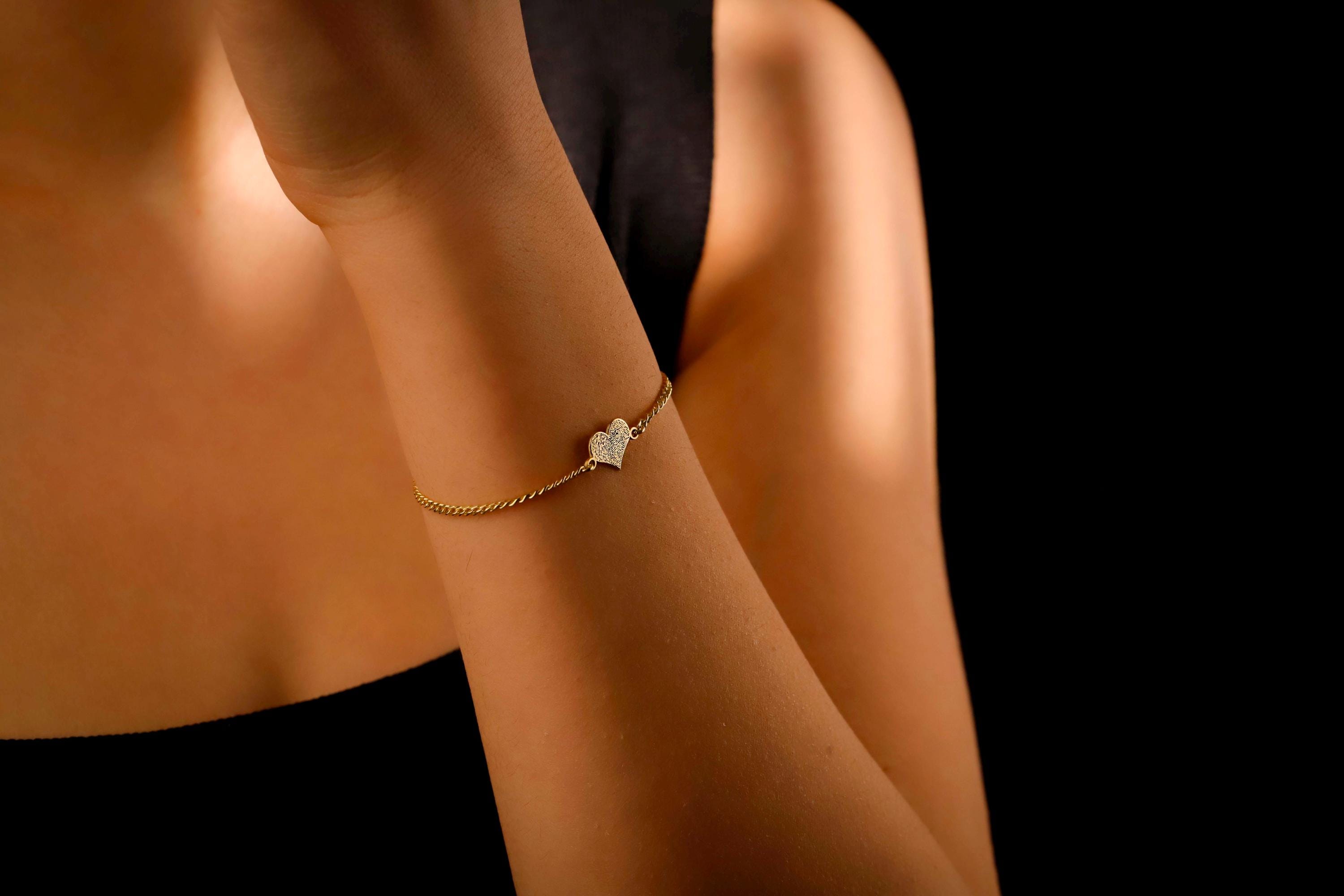 Fingerprint Engraving Bracelet, 925 Sterling Silver Heart Charm