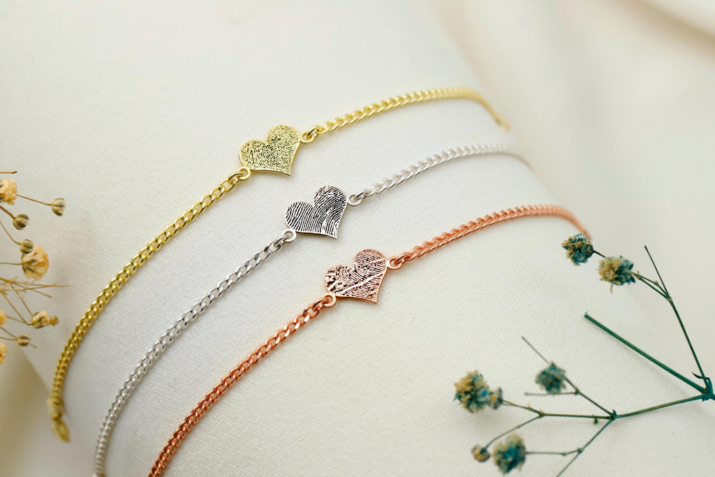 Fingerprint Engraving Bracelet, 925 Sterling Silver Heart Charm