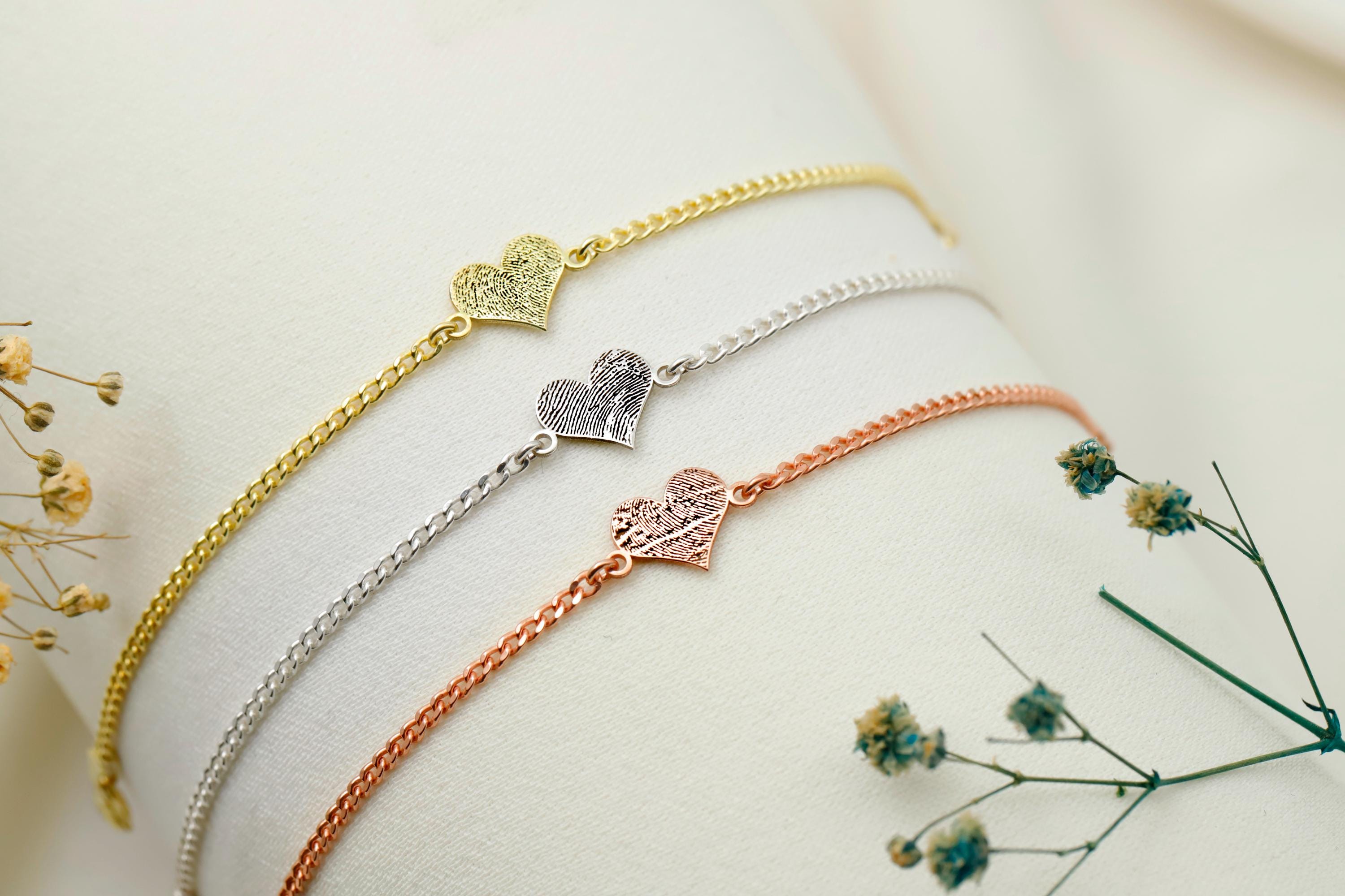 Fingerprint Engraving Bracelet, 925 Sterling Silver Heart Charm
