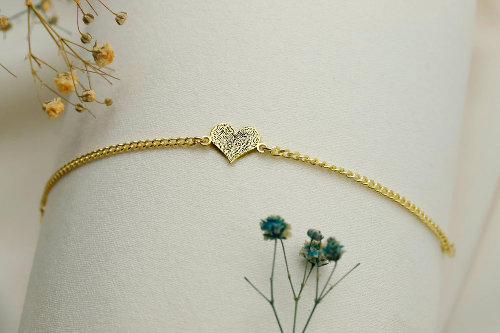 Fingerprint Engraving Bracelet, 925 Sterling Silver Heart Charm