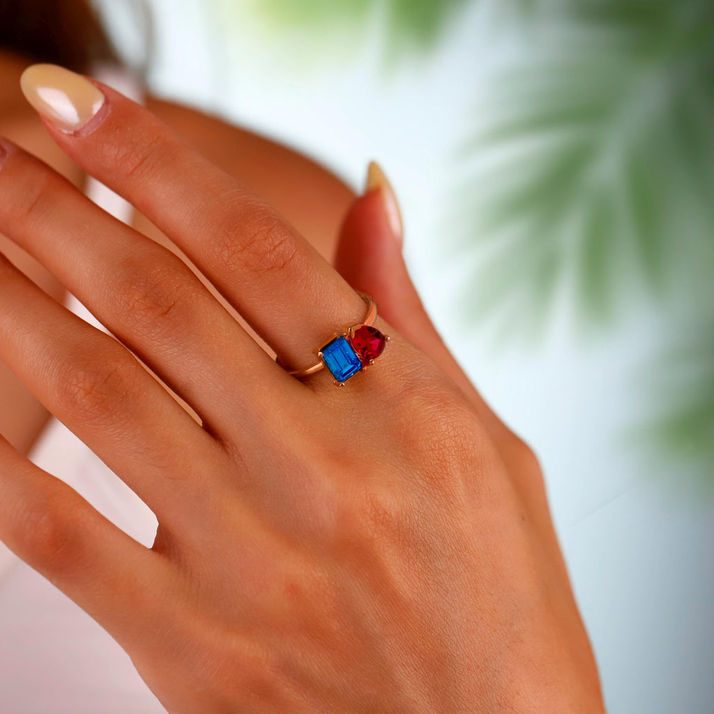 Double Birthstone Ring Sterling Silver Toi Et Moi Heart Baguette