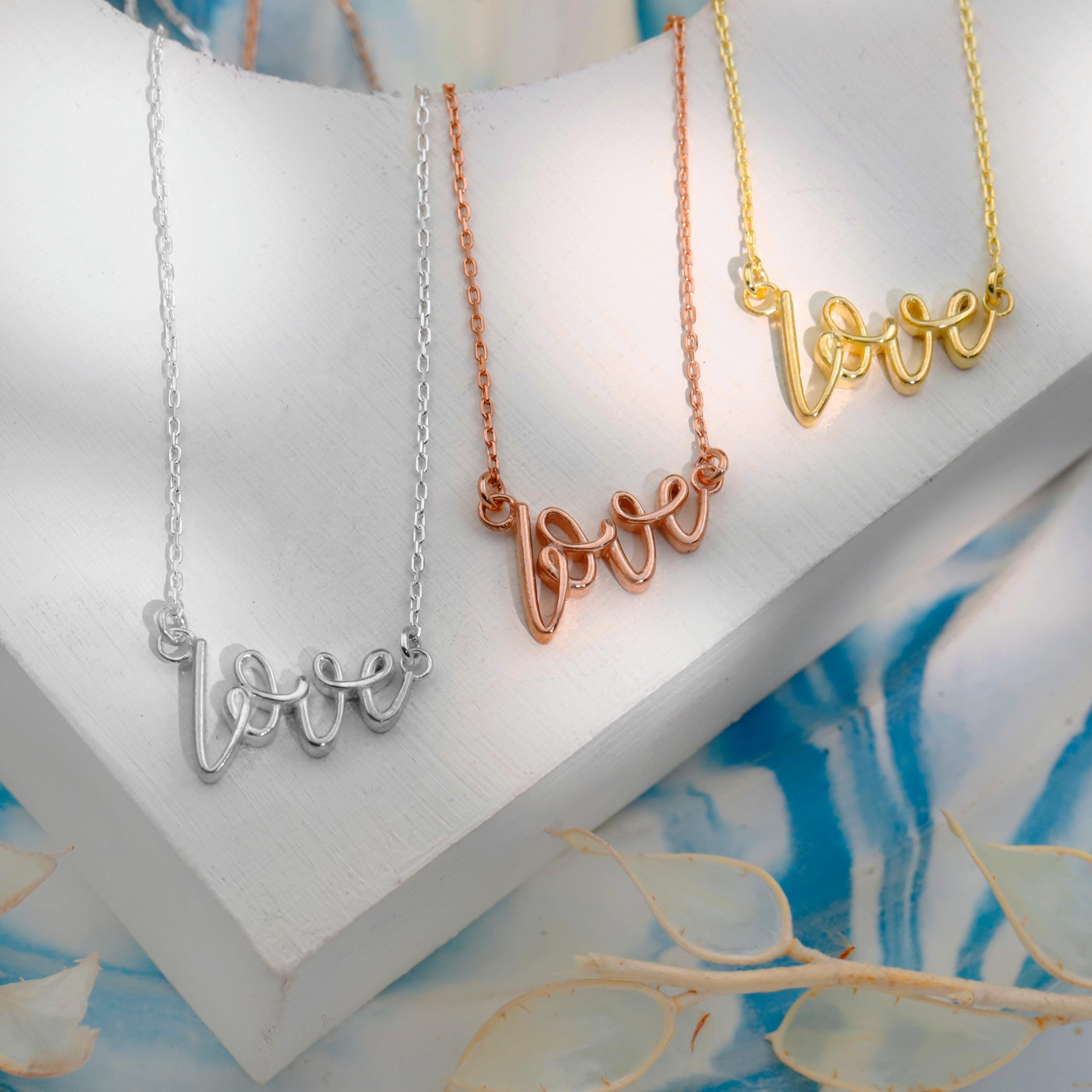 Dainty Love Necklace, 925 Sterling Silver 3D Pendant