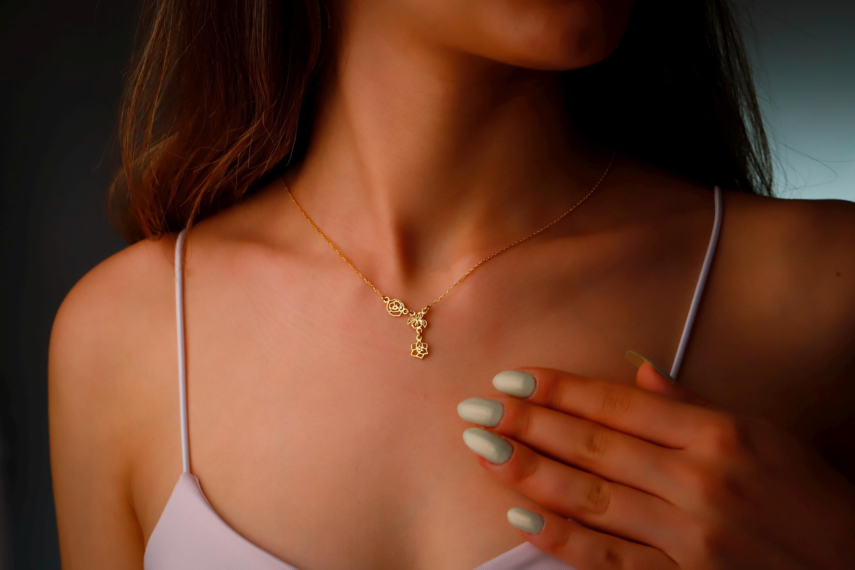 Birth Flower Lariat Necklace, Sterling Silver Y Necklace