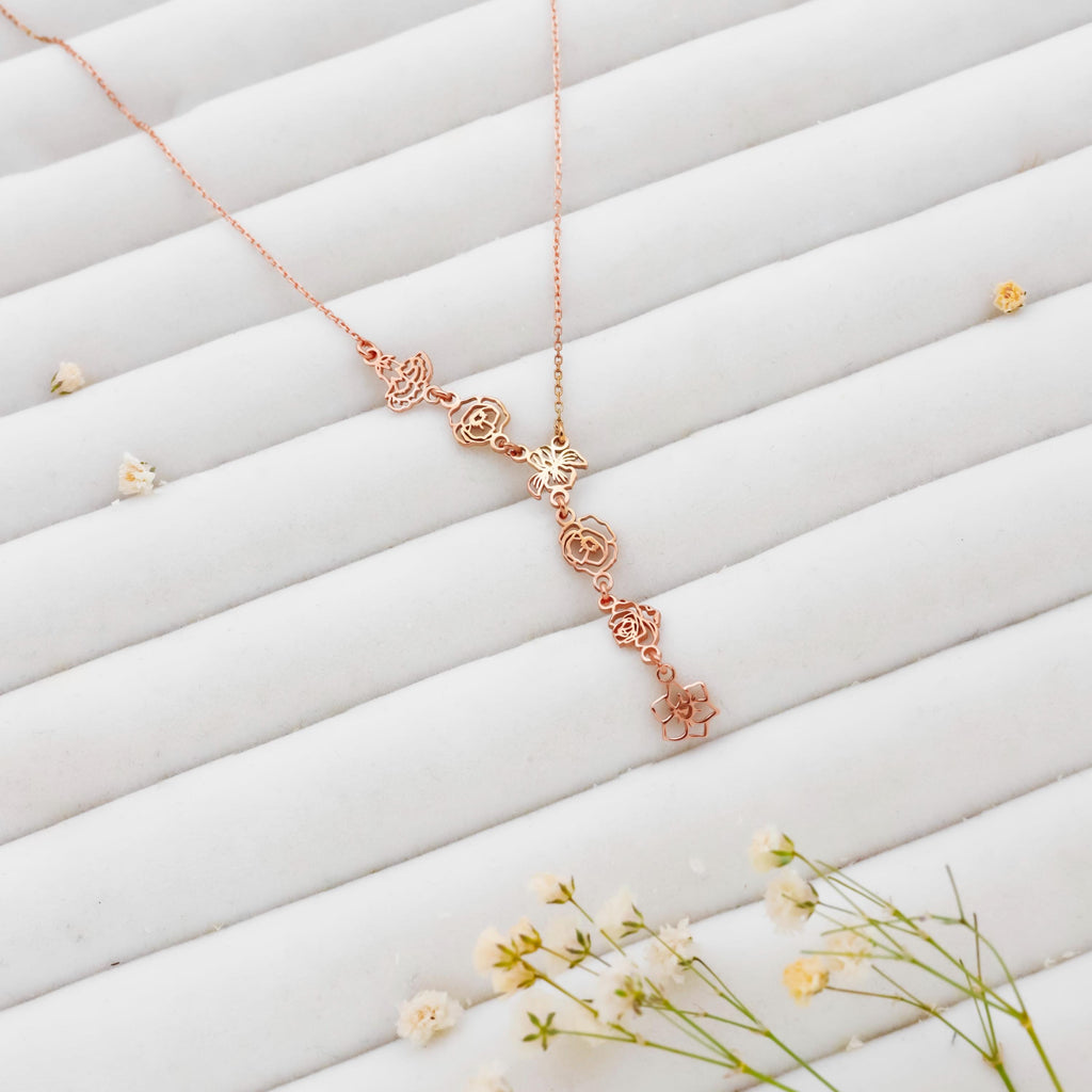 Birth Flower Lariat Necklace, Sterling Silver Y Necklace