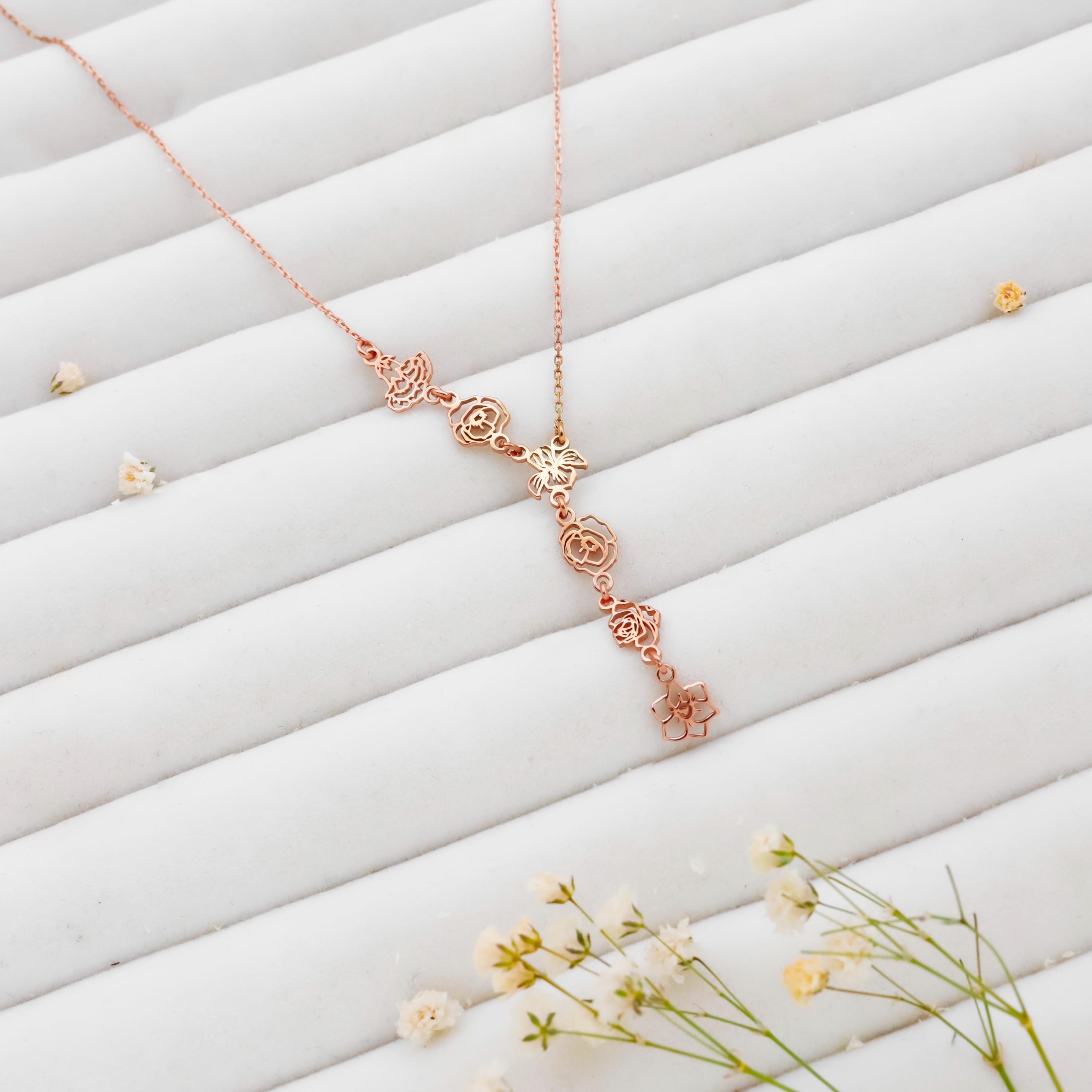 Birth Flower Lariat Necklace, Sterling Silver Y Necklace
